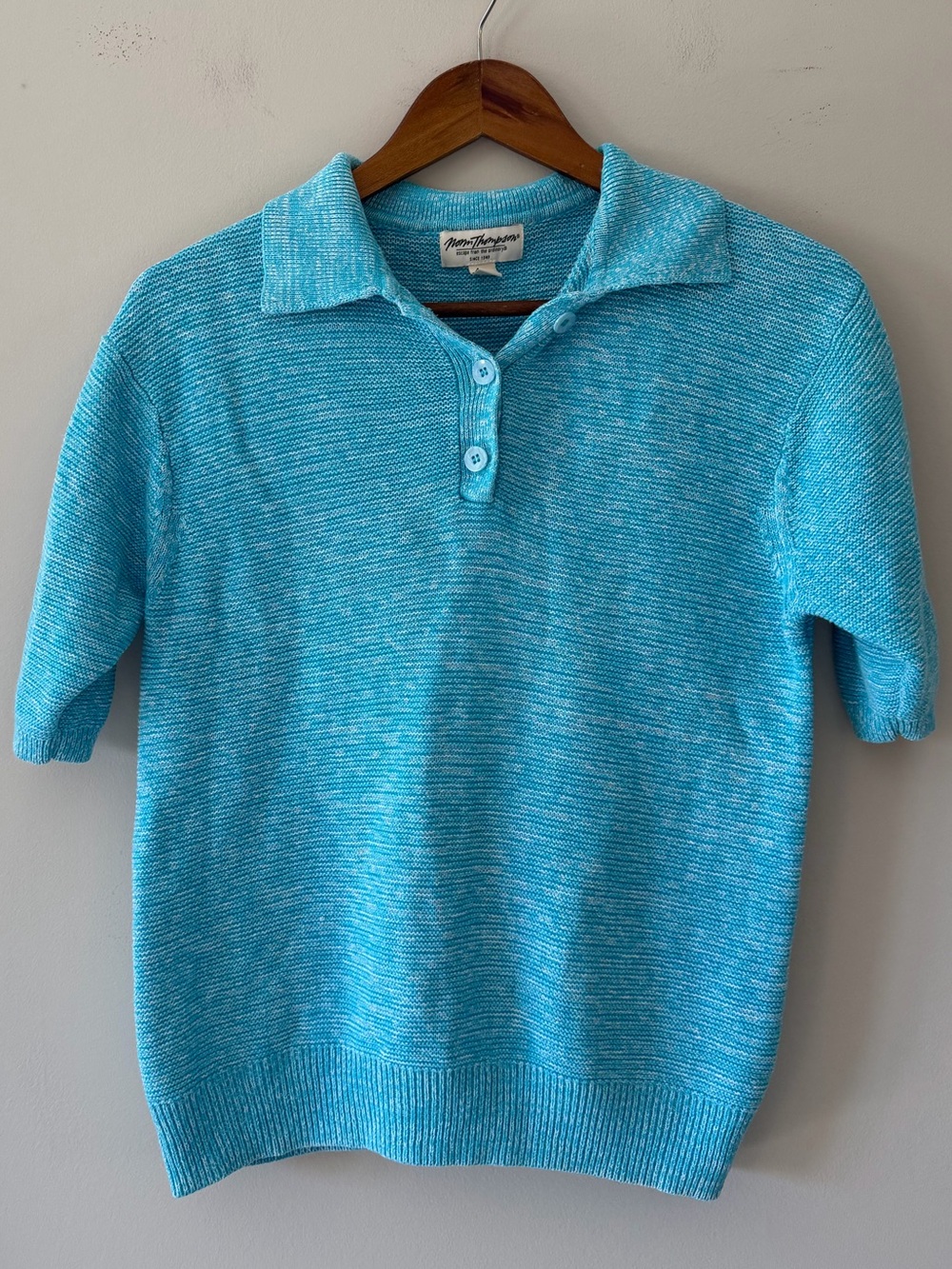Norm Thompson Vintage Aqua Blue Collared Short-Sleeve Knit Sweater Small